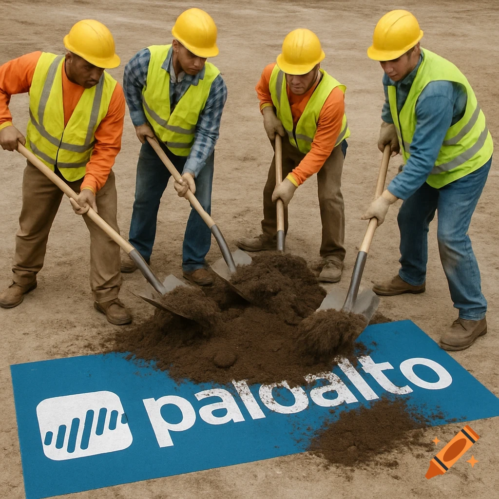 Four construction workers shovel dirt onto a blue mat with a logo and the text paloalto.