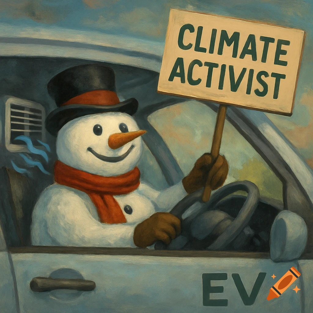 Painterly image of a snowman in an EV holding a 'Climate Activist' sign.
