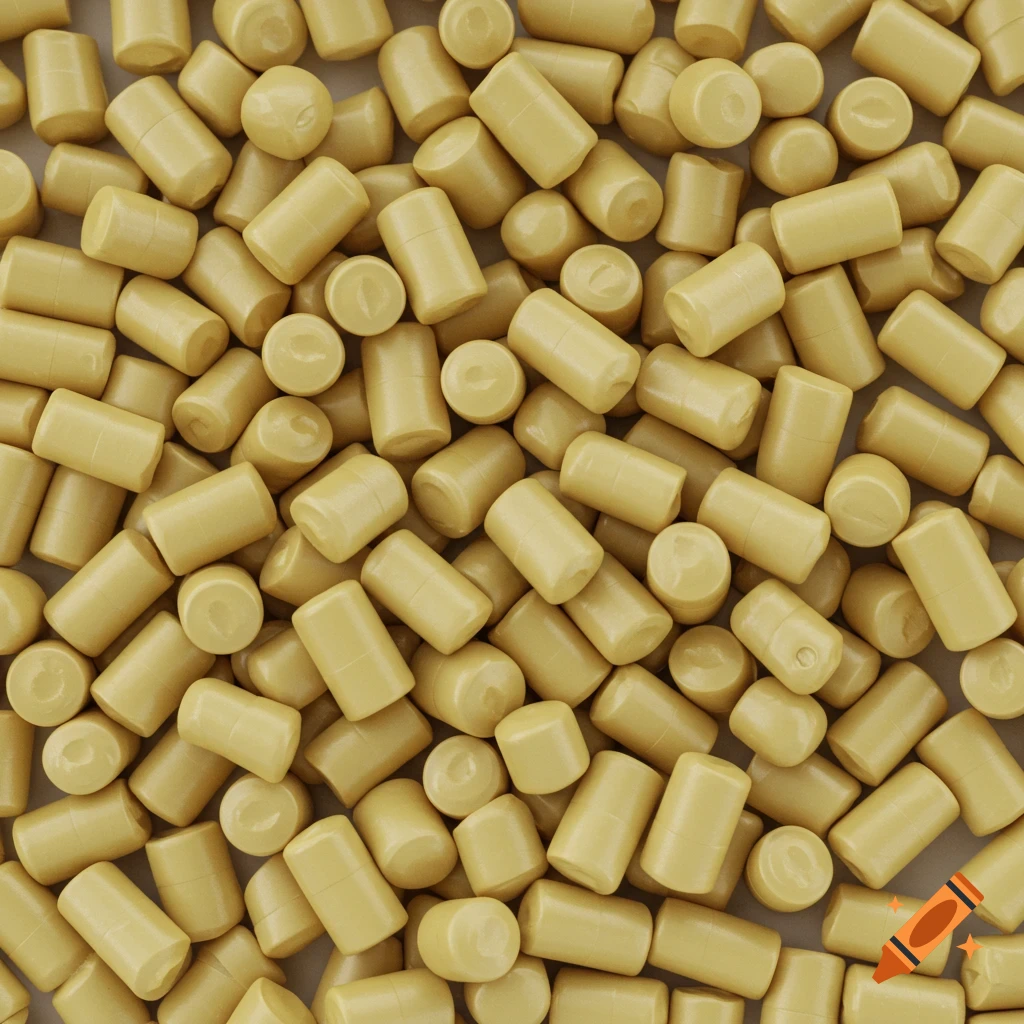 Overhead view of scattered light yellow cylindrical plastic pellets.