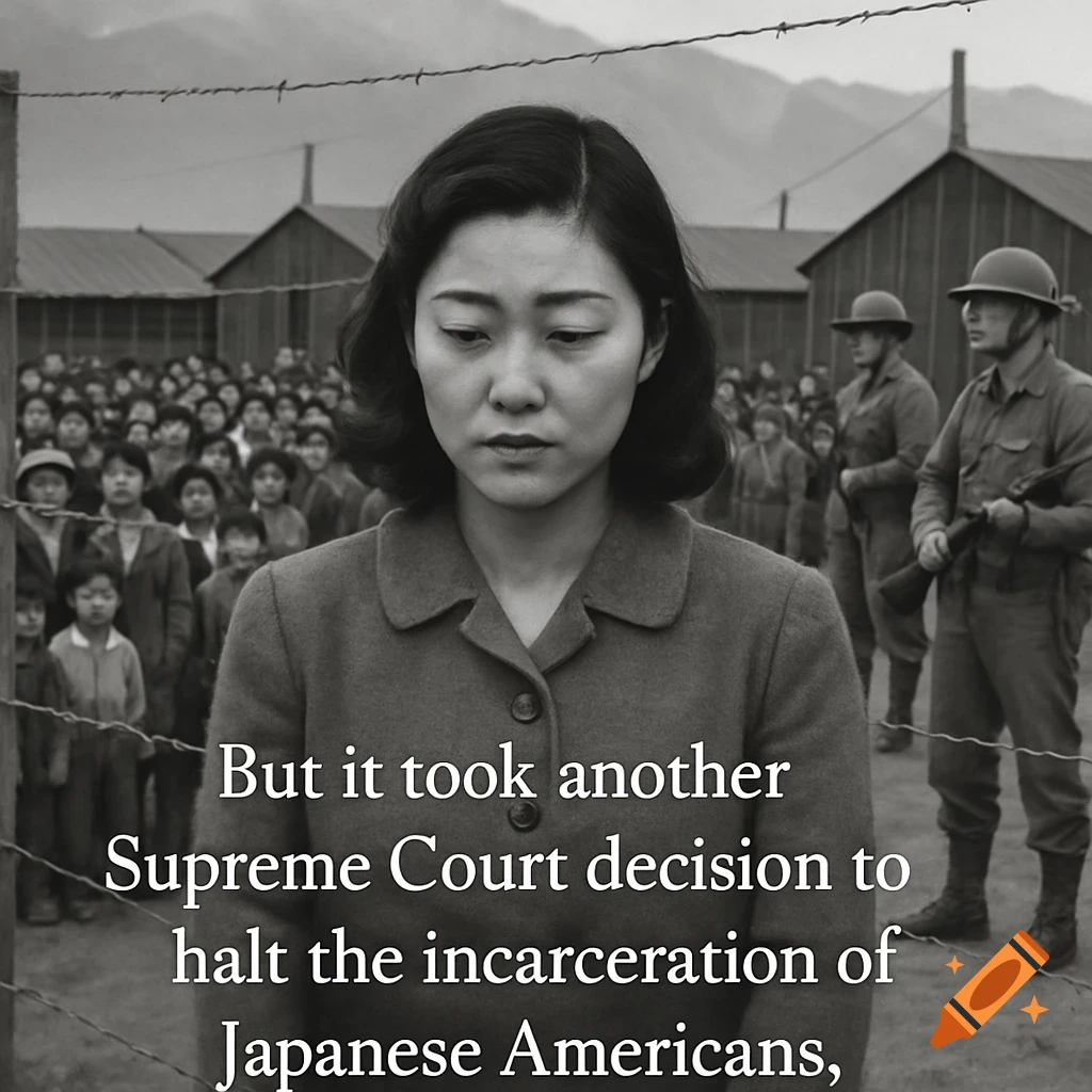 Black and white photo of a Japanese American woman at an internment camp with text overlaid