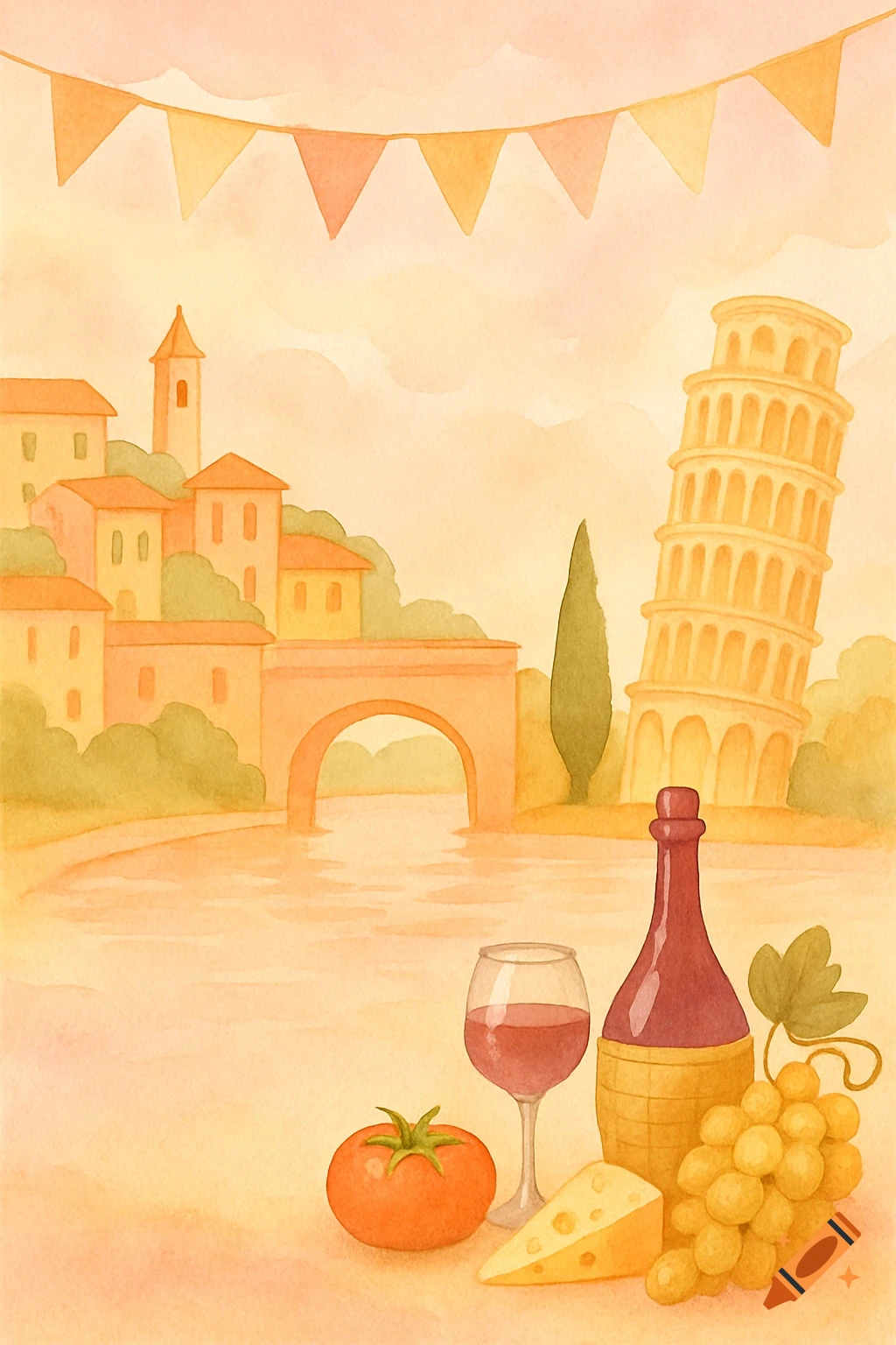 Watercolor illustration of an Italian scene with the Leaning Tower of Pisa, buildings, food, wine, and bunting.