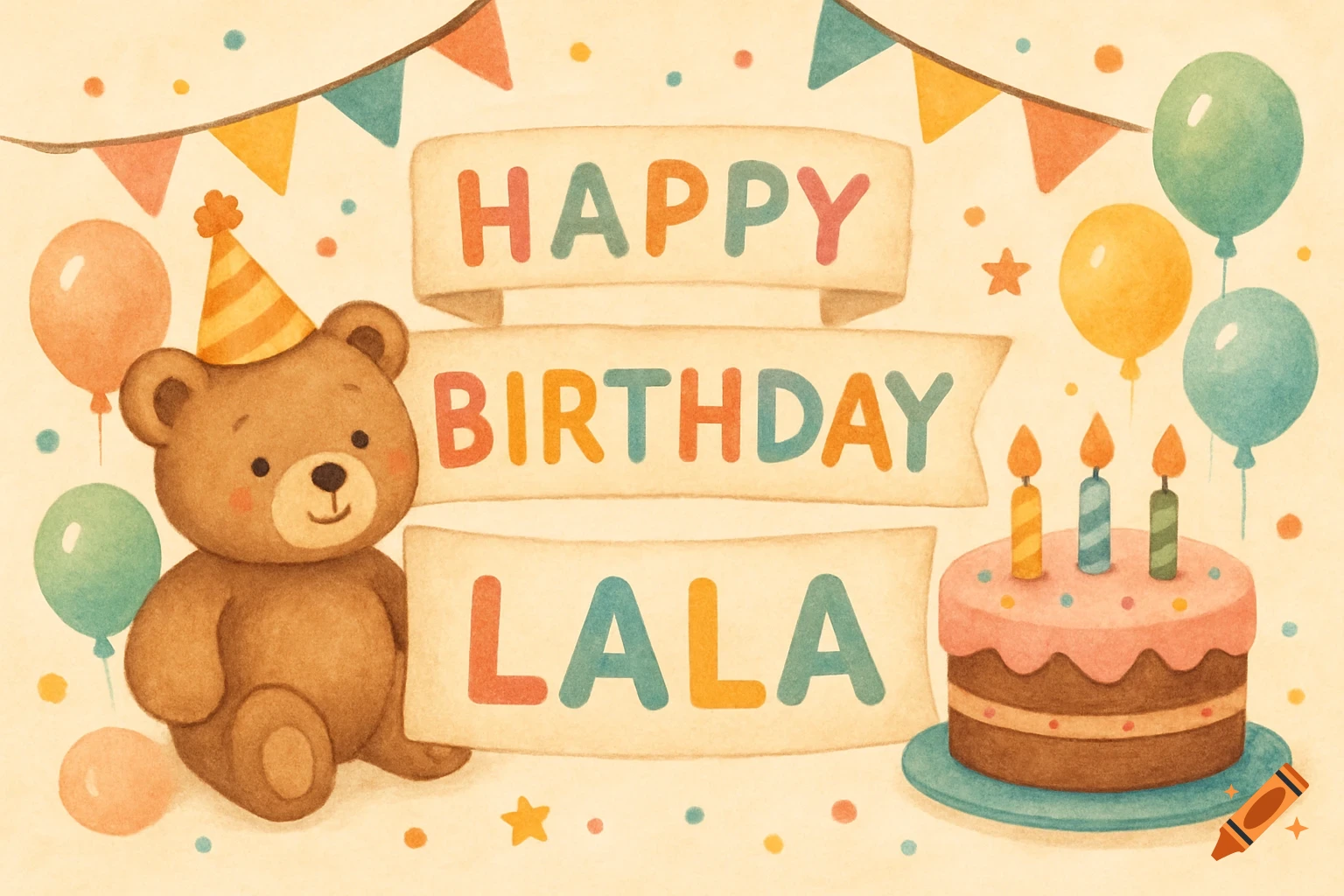Watercolor illustration of a teddy bear, birthday cake, balloons, and banners reading Happy Birthday Lala.