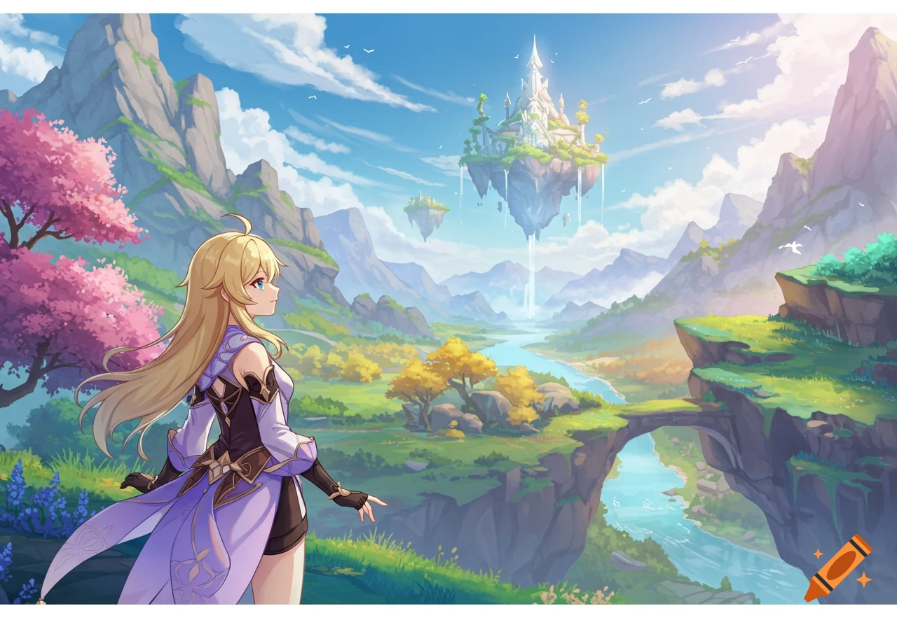 Anime girl in purple outfit in fantasy landscape with floating castle islands.