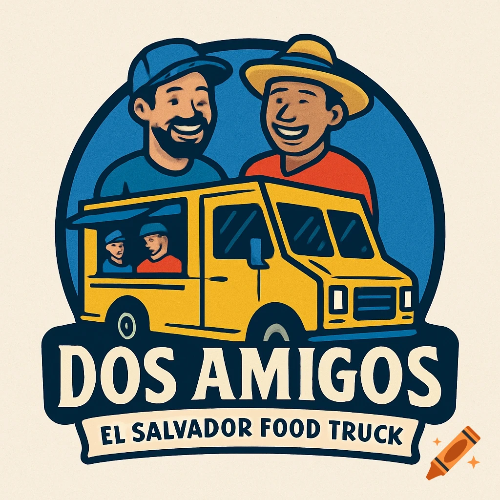 Logo for Dos Amigos El Salvador Food Truck, showing two men behind a yellow food truck with text banner below.