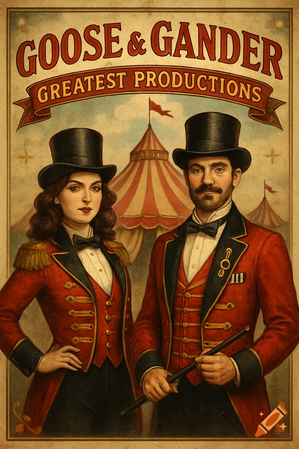Vintage circus poster featuring male and female ringleaders standing in front of a tent with text.