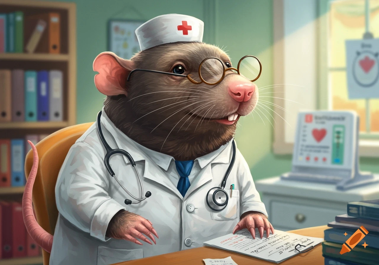 A rat doctor sits at a desk with a stethoscope.