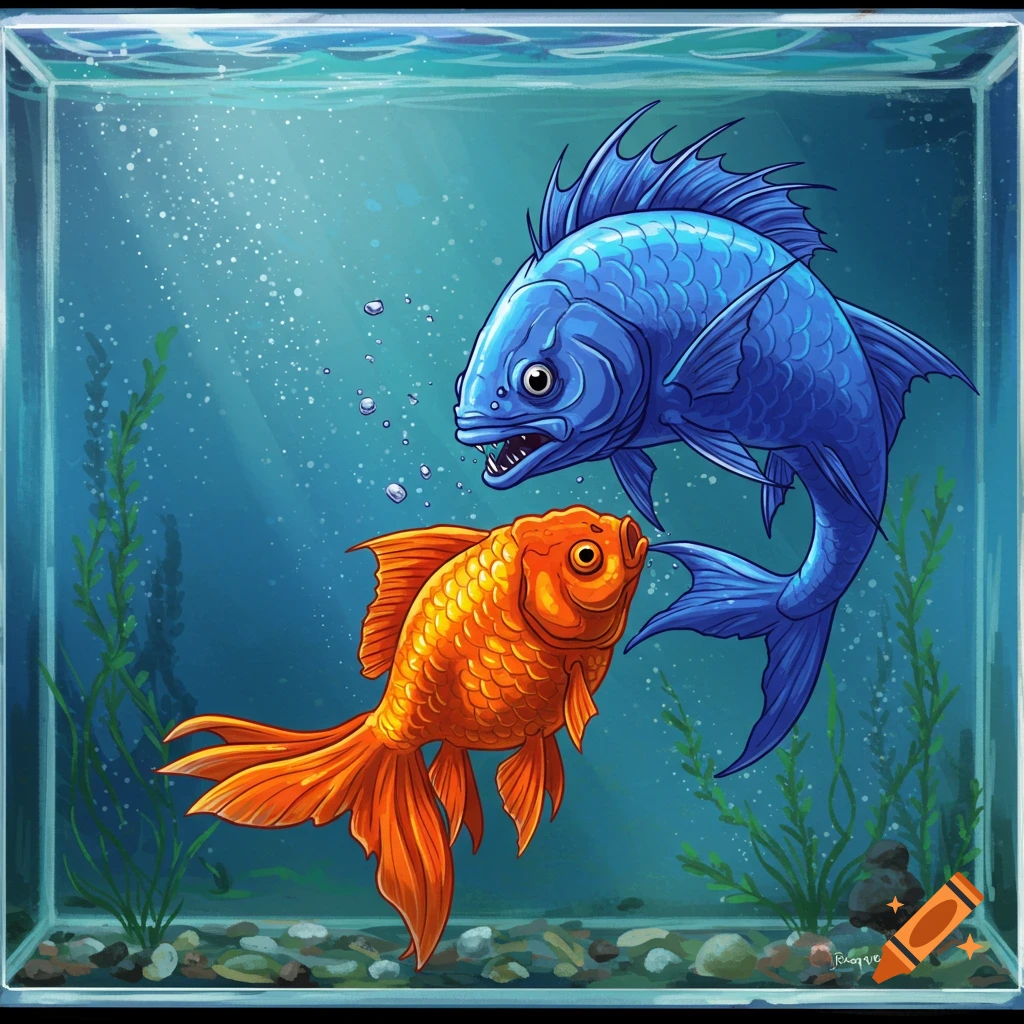 Illustration of a blue fish confronting an orange fish in a fish tank.