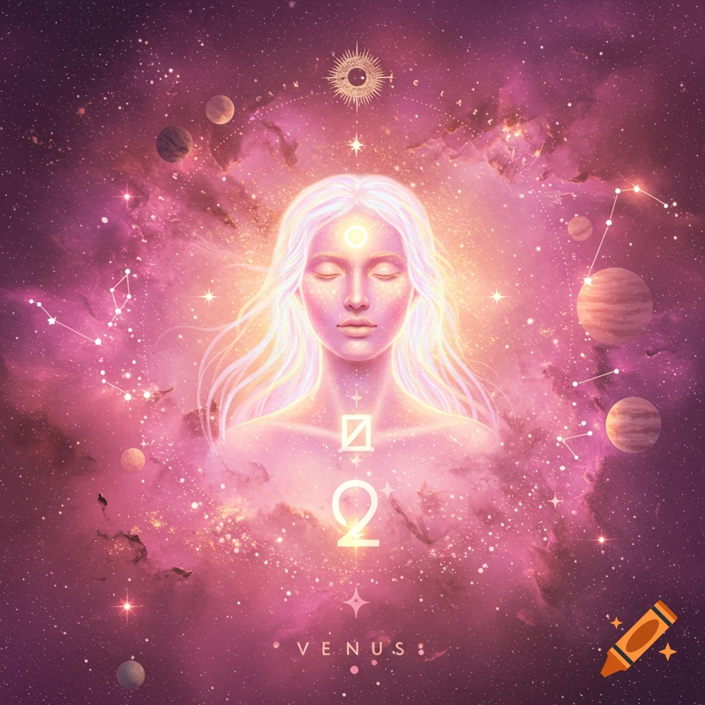 An ethereal figure with closed eyes floats in space surrounded by a pink nebula, planets, and constellations, with symbols and the word VENUS.