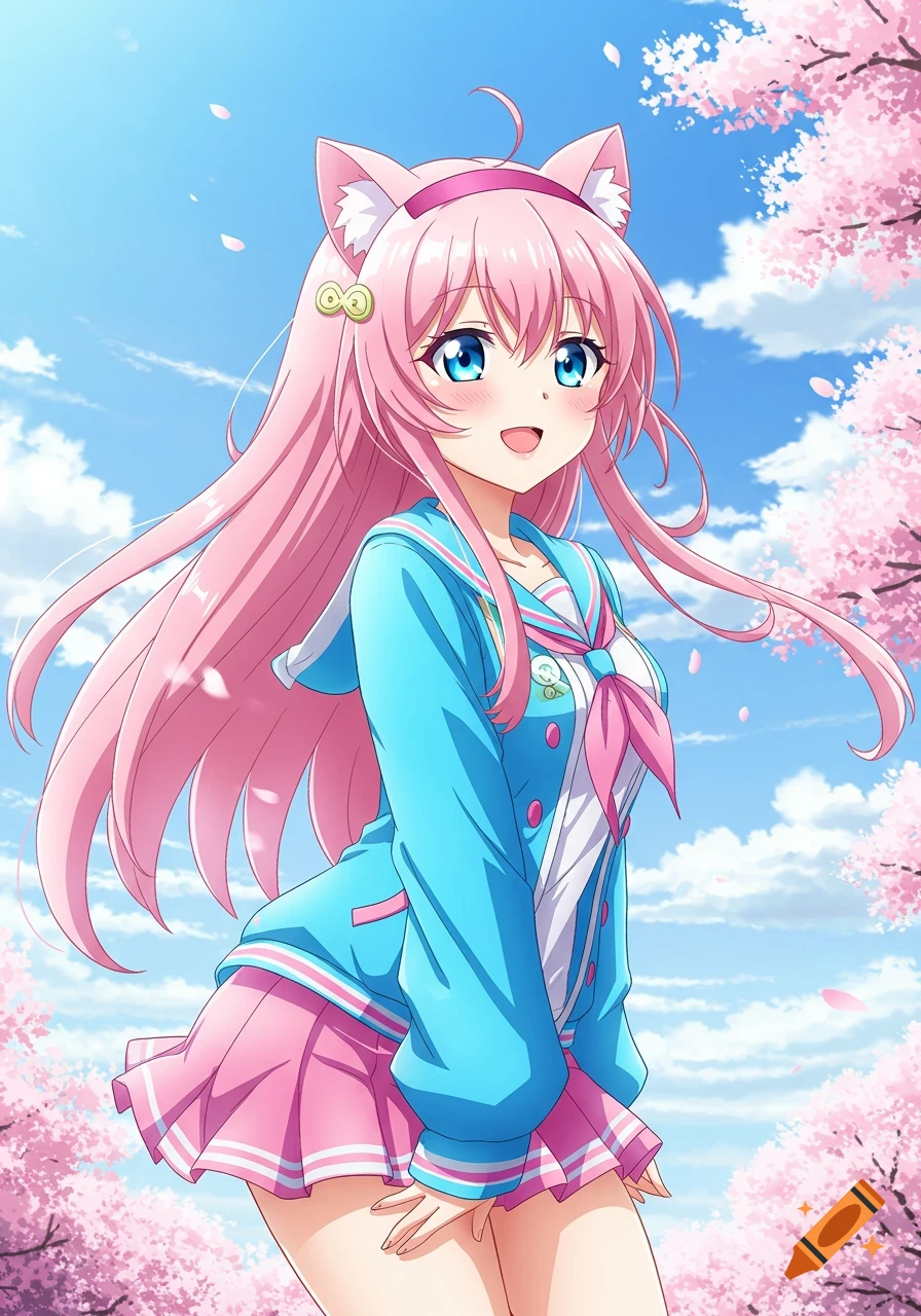 Anime girl with pink hair and cat ears in a blue jacket and pink skirt among cherry blossoms