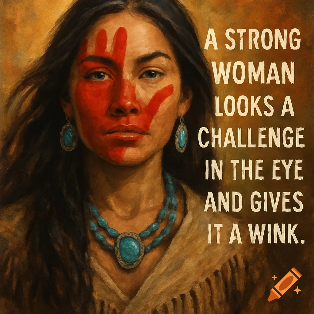 Painting of a woman with red handprint on her face, turquoise jewelry, and an inspirational quote.