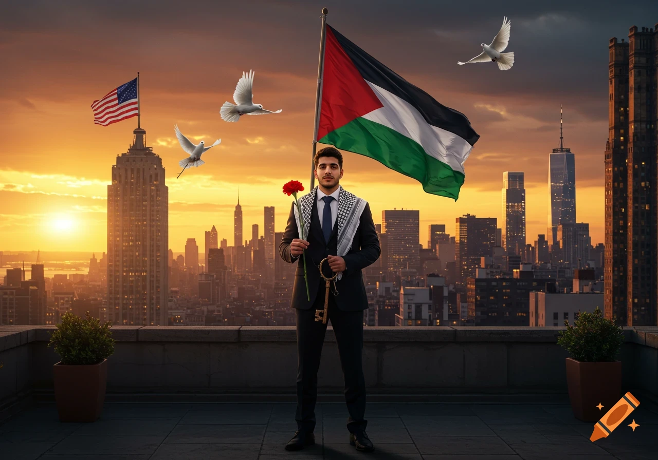 A man with Palestinian and US flags on a rooftop overlooking a city skyline at sunset with doves.
