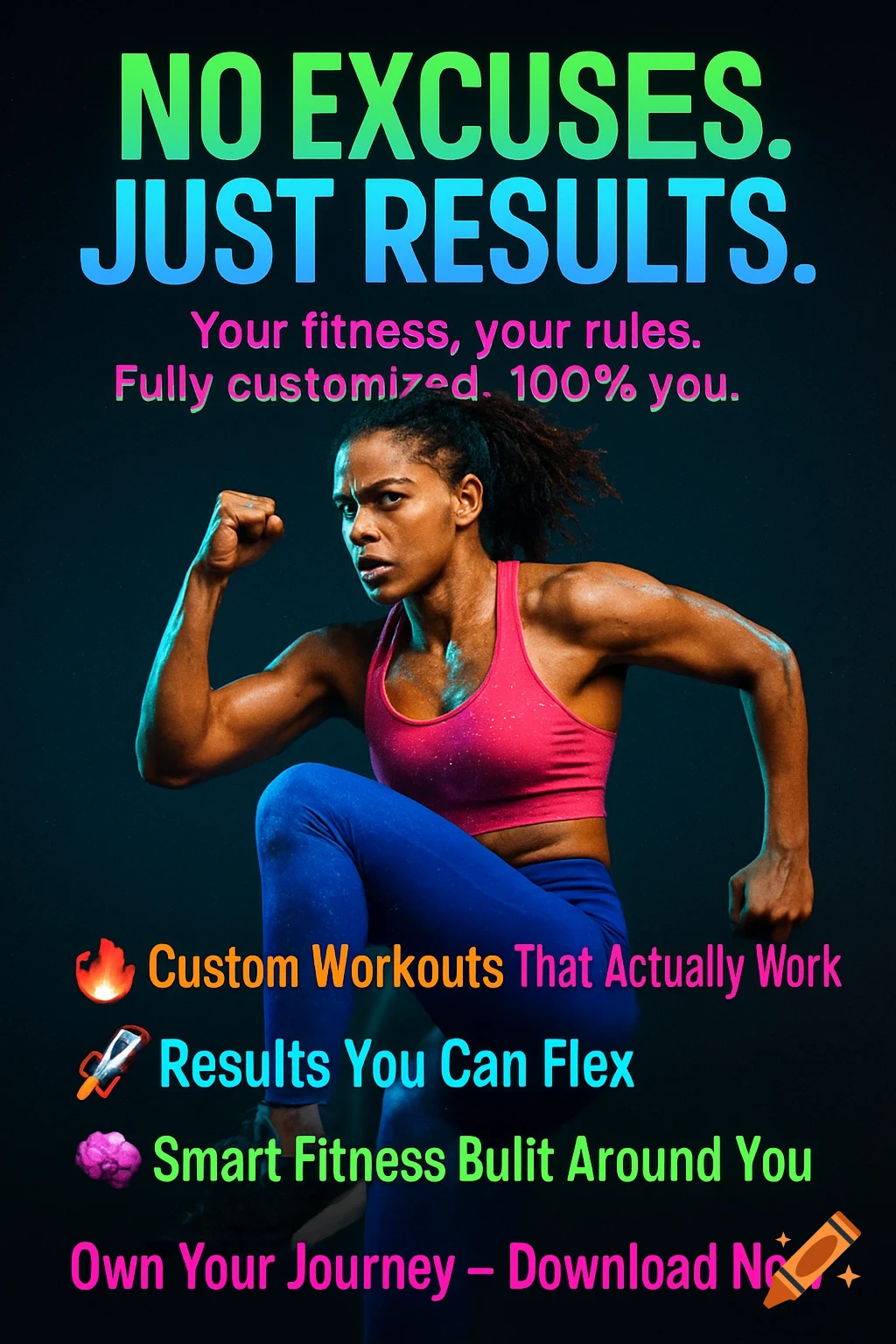 Powerful woman exercising with motivational text about fitness and results on a dark background.