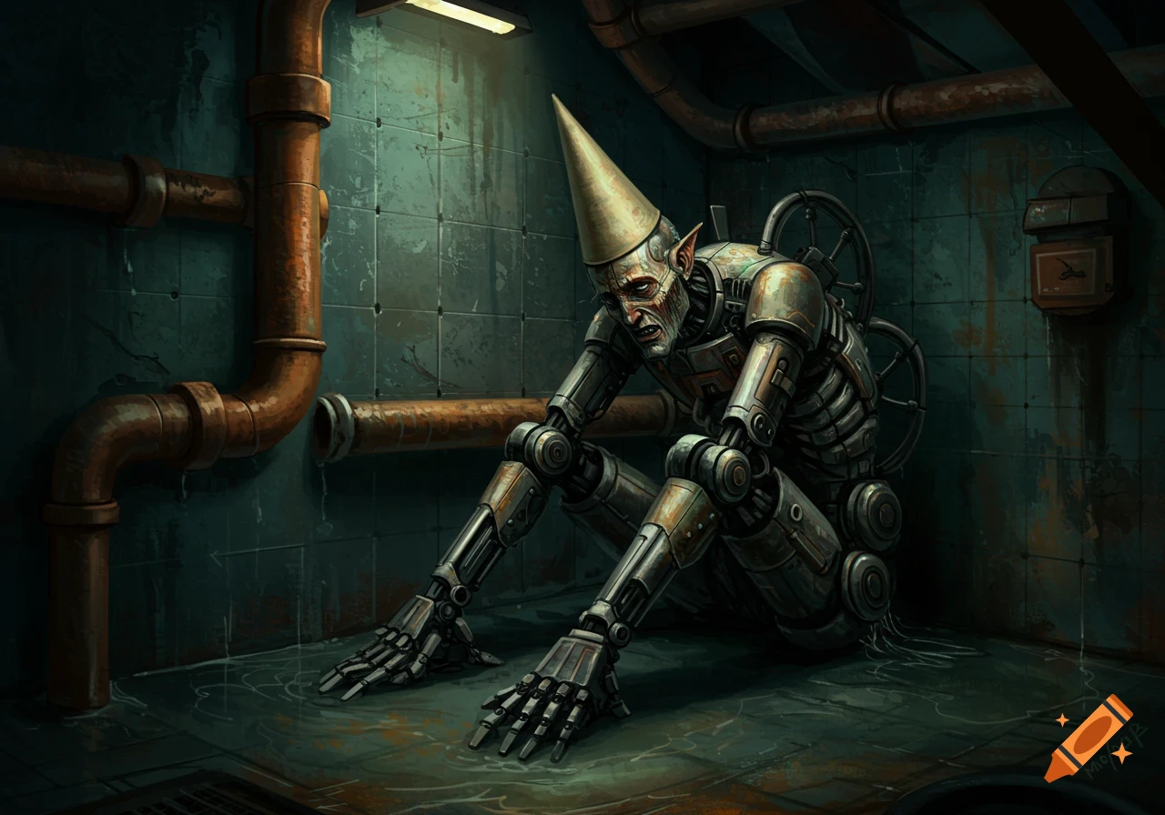 Biomechananical man in dunce hat sitting in a dark, damp sewer corner.
