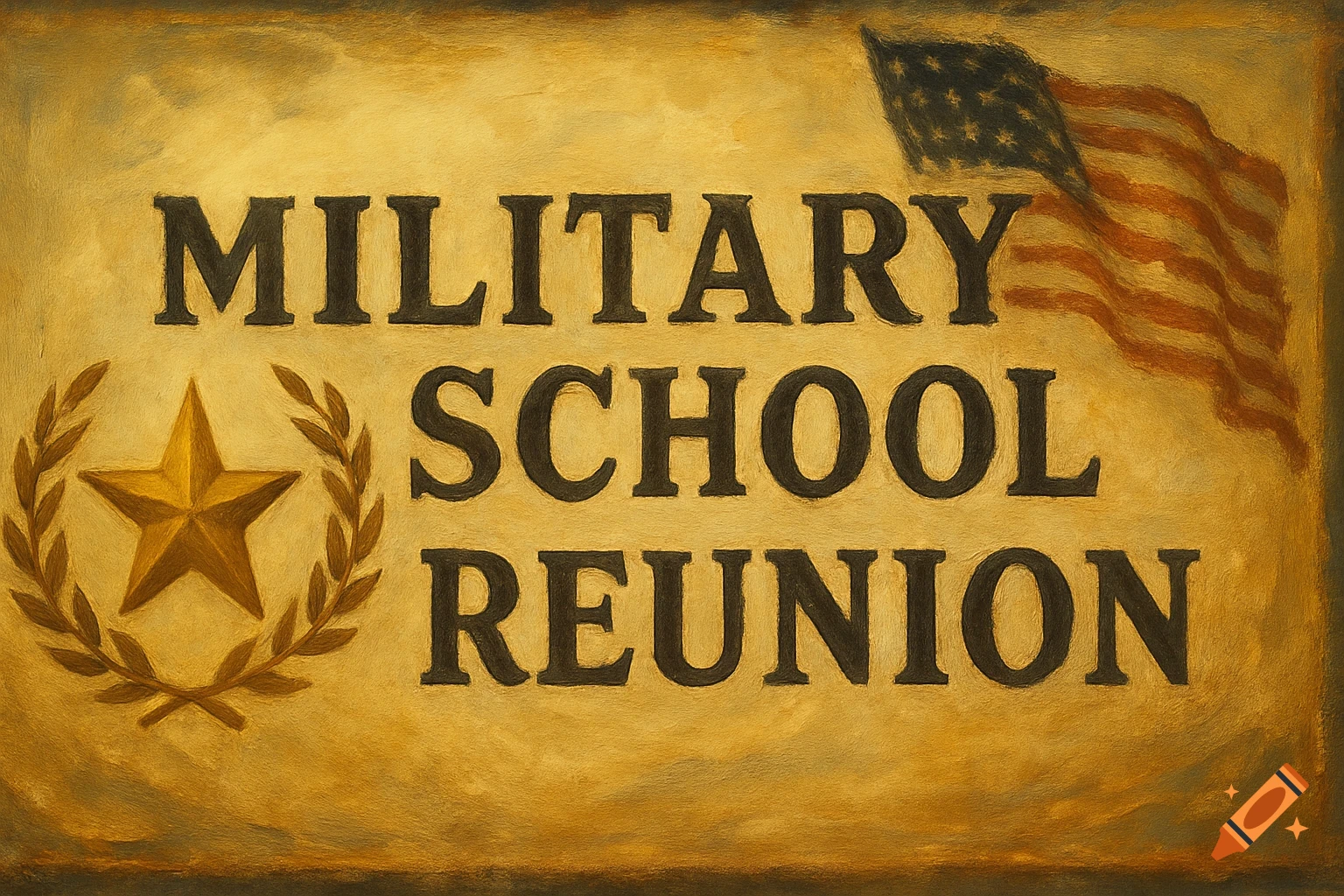 Military School Reunion banner with text, star badge, and American flag in painterly style.