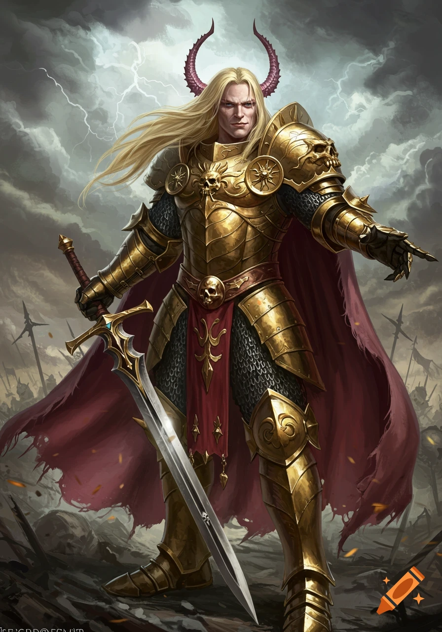 Fantasy warrior in golden armor with horns stands on a battlefield during a storm, holding a sword.