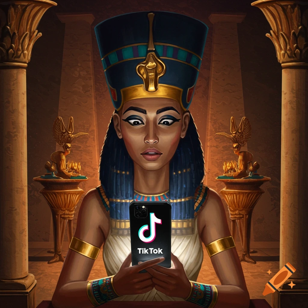 Egyptian queen looks at a glowing smartphone showing TikTok in a royal chamber.