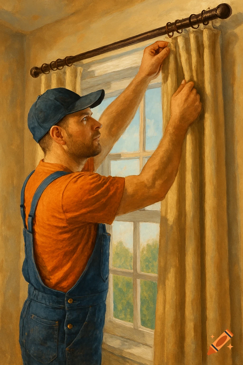 Painting of a man in a cap and overalls installing curtains by a window