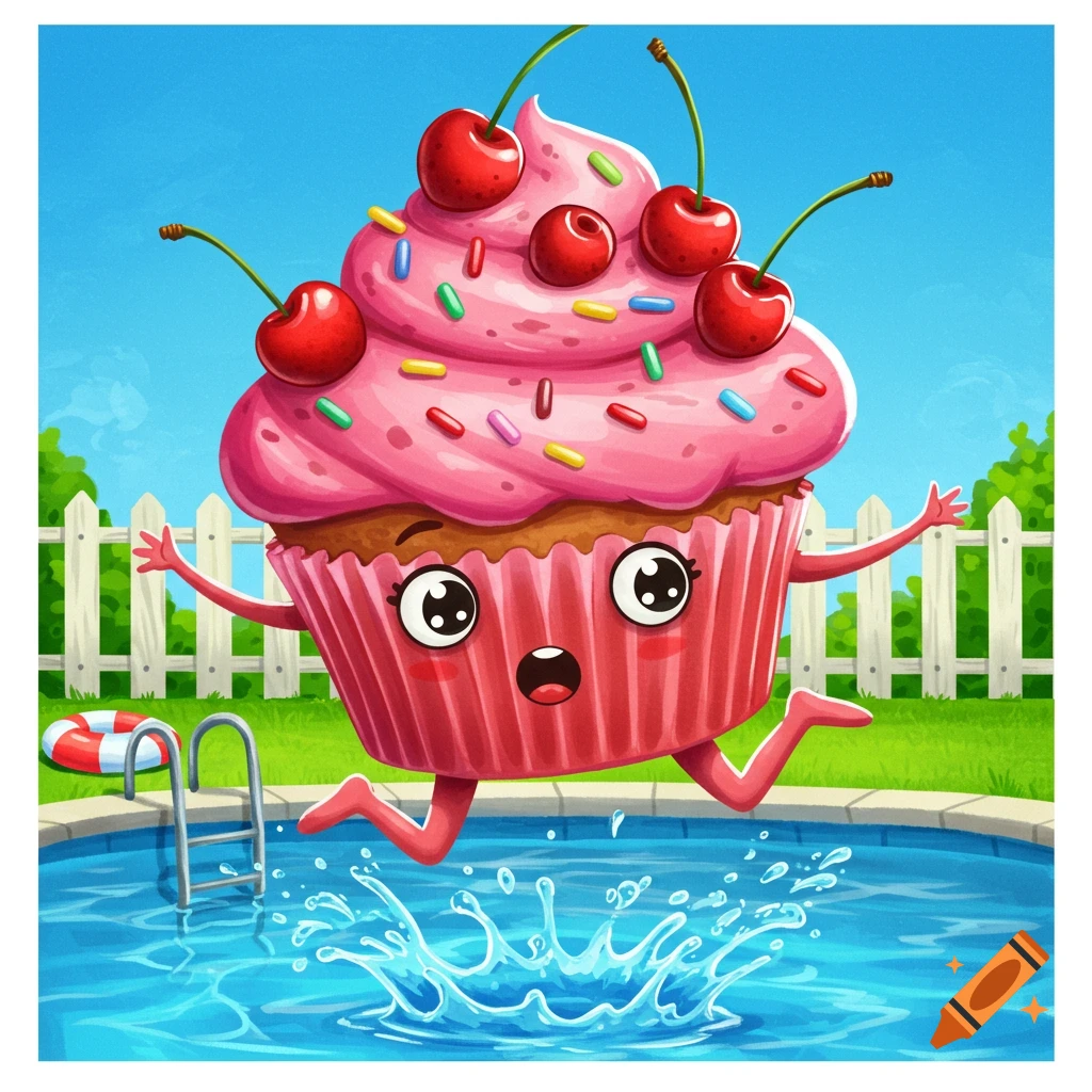 Cartoon cupcake character jumping into a pool.