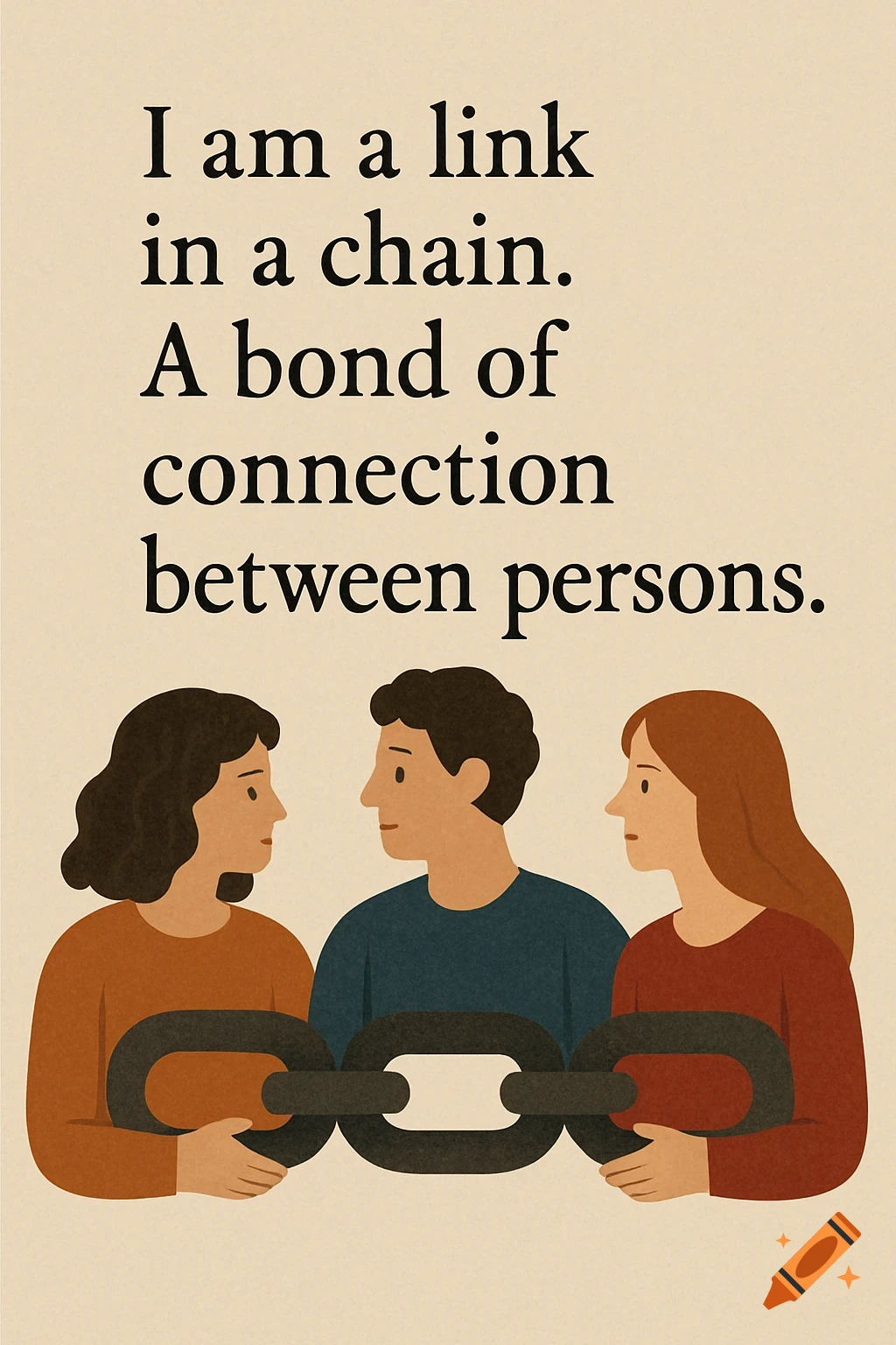 Three stylized people holding a chain link with the quote "I am a link in a chain. A bond of connection between persons" above them.