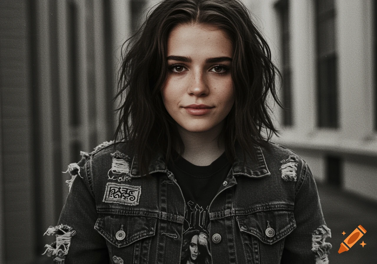Photorealistic portrait of a young woman with dark hair wearing a ripped denim jacket outdoors.