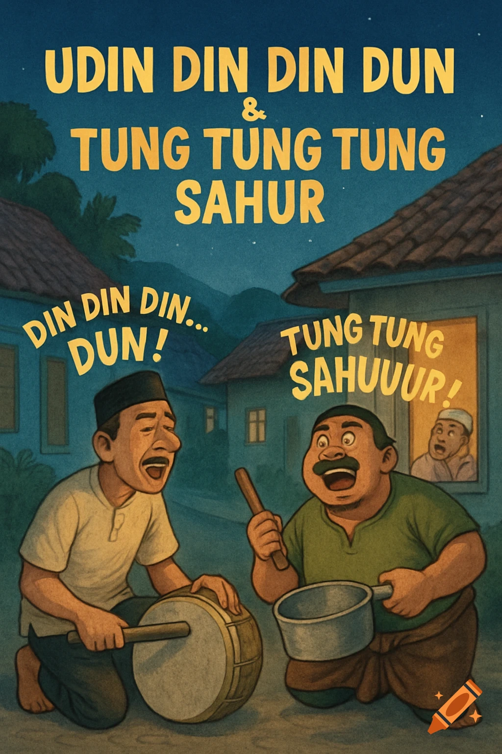 Cartoon illustration of two men making noise with drums and pots to wake a village for Sahur, with text.