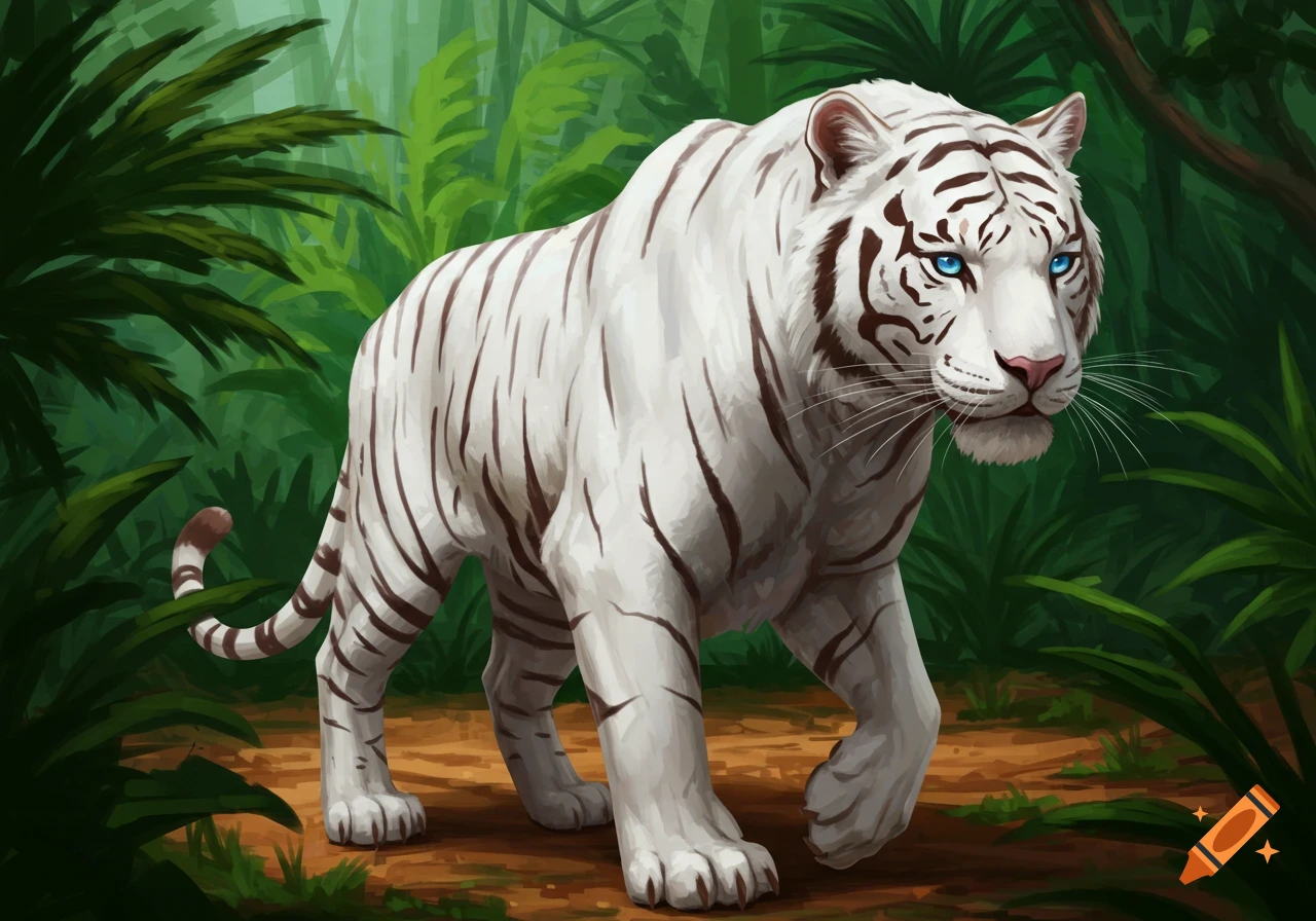 A white tiger walks through a lush jungle forest.
