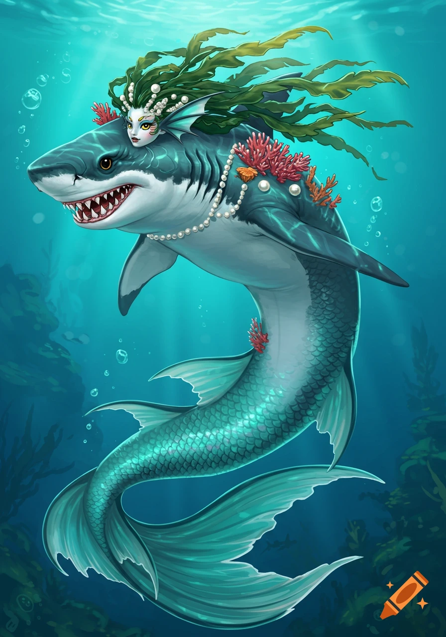 Illustration of a shark-mermaid hybrid creature swimming underwater. on ...