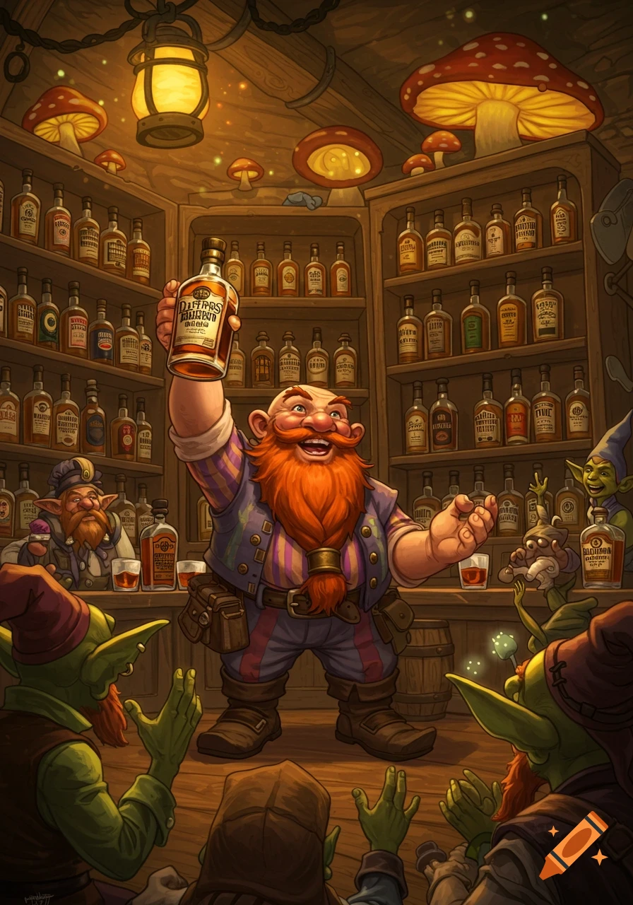 An illustration of a dwarf holding up a bottle in a tavern, surrounded by cheering goblins.