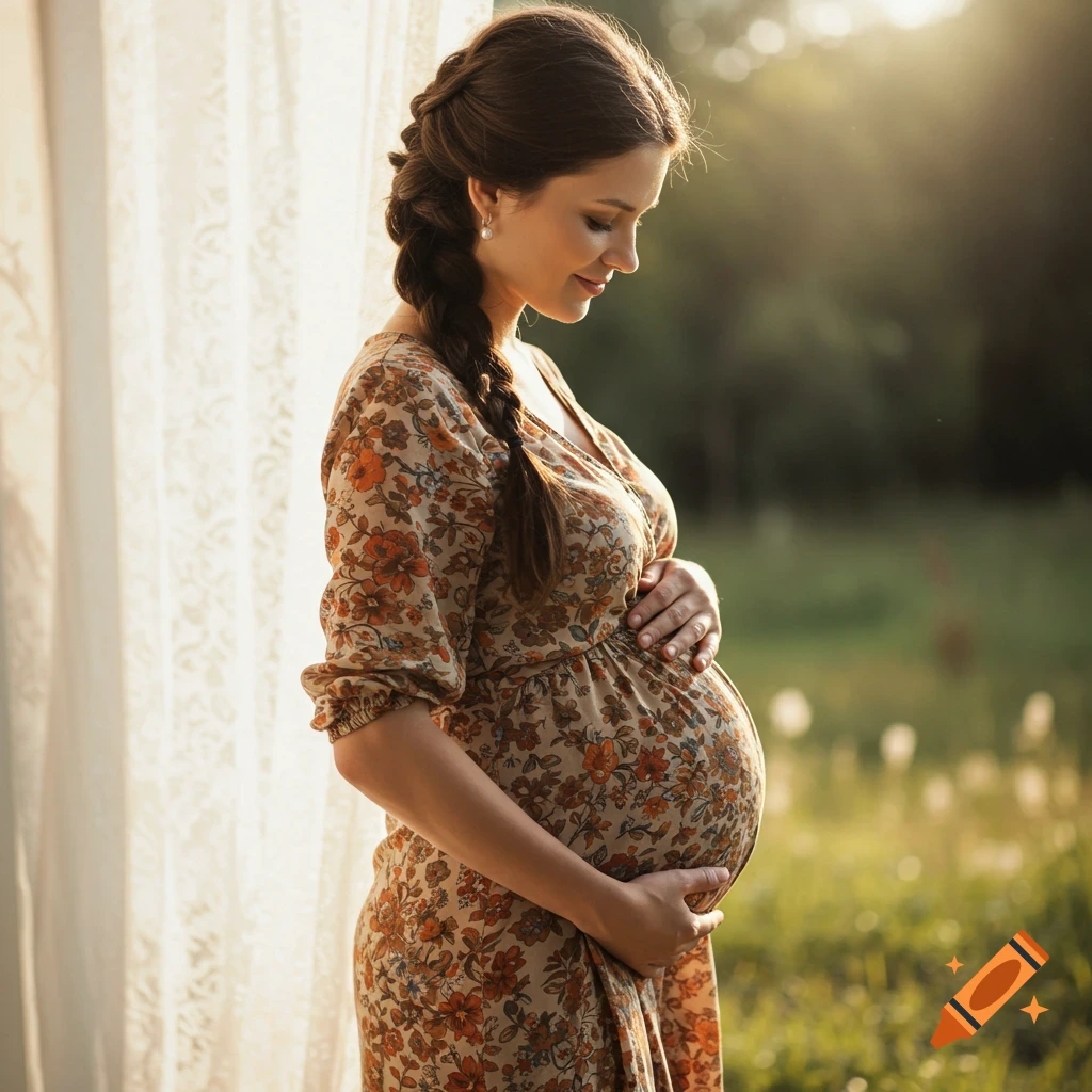 Pregnant woman in a floral dress holding her belly in a sunlit outdoor setting, looking down.