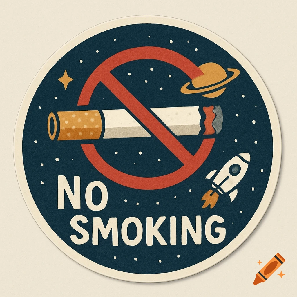 Anti-smoking space-themed sticker illustration with cigarette, 'no' symbol, planet, rocket, and 'NO SMOKING' text.