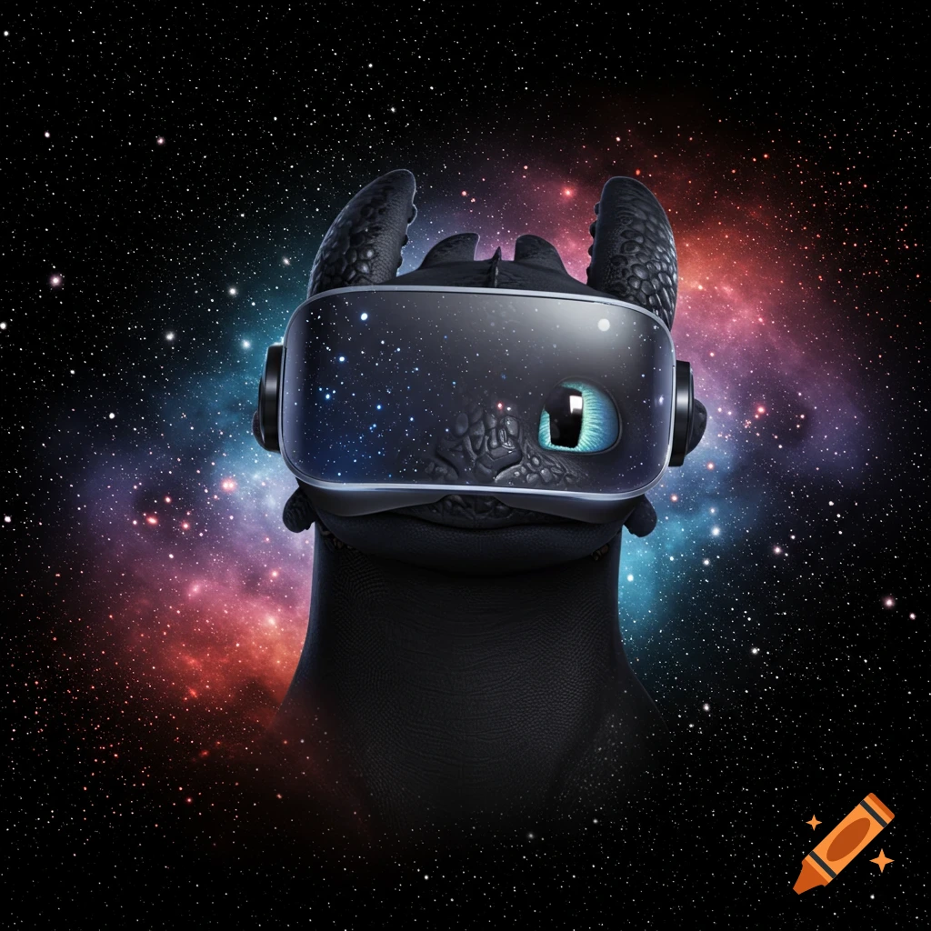 Toothless the dragon wears a VR headset in space against a backdrop of stars and a colorful nebula.
