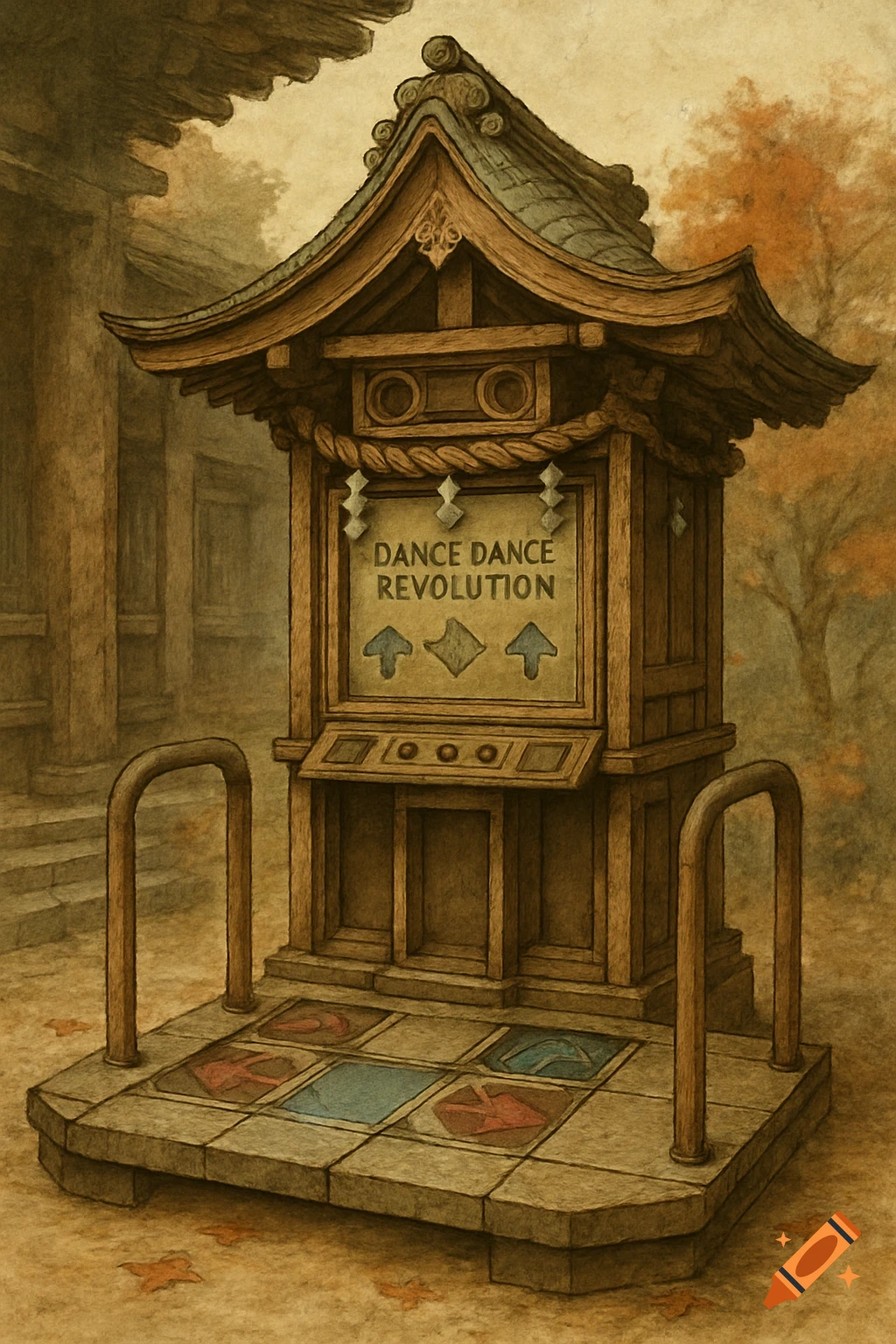 An illustration of a Dance Dance Revolution machine designed as an old ...