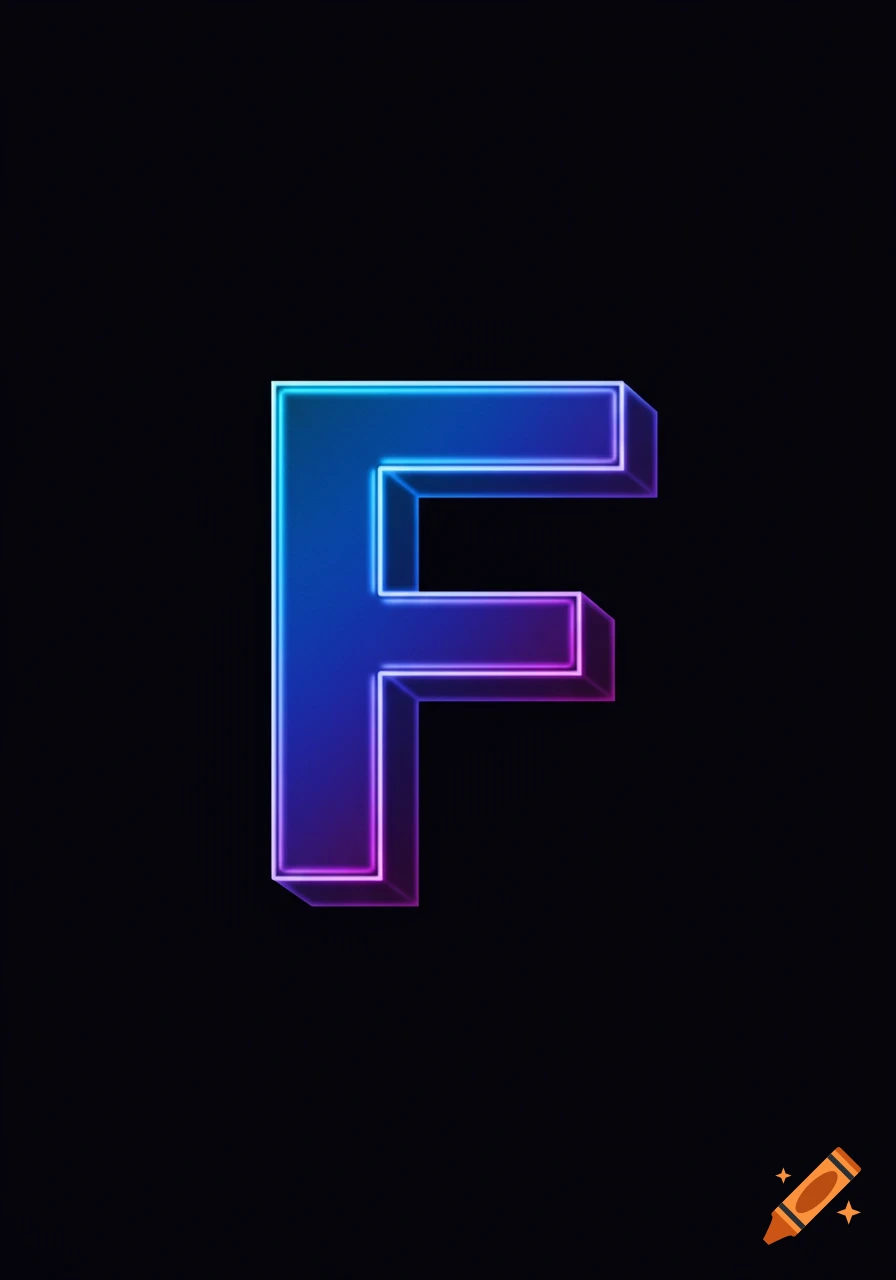 A glowing neon capital letter F in blue and purple against a black background.