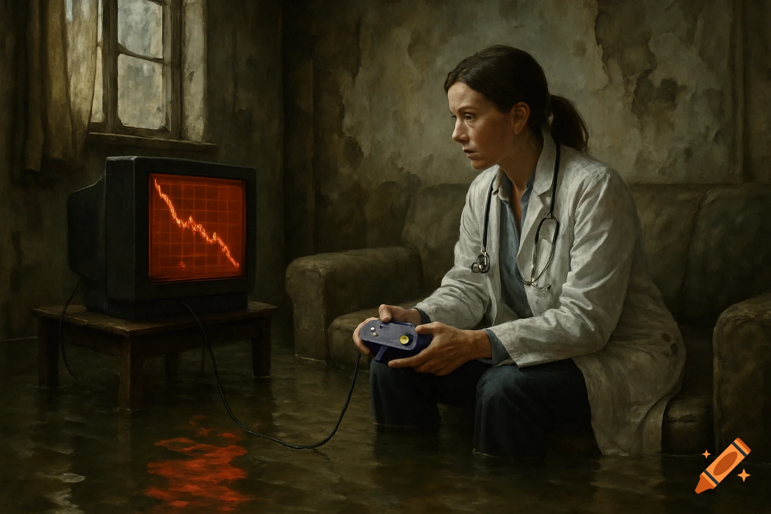 A doctor sits on a submerged couch in a dilapidated room, playing a video game on a CRT screen showing a falling red line.