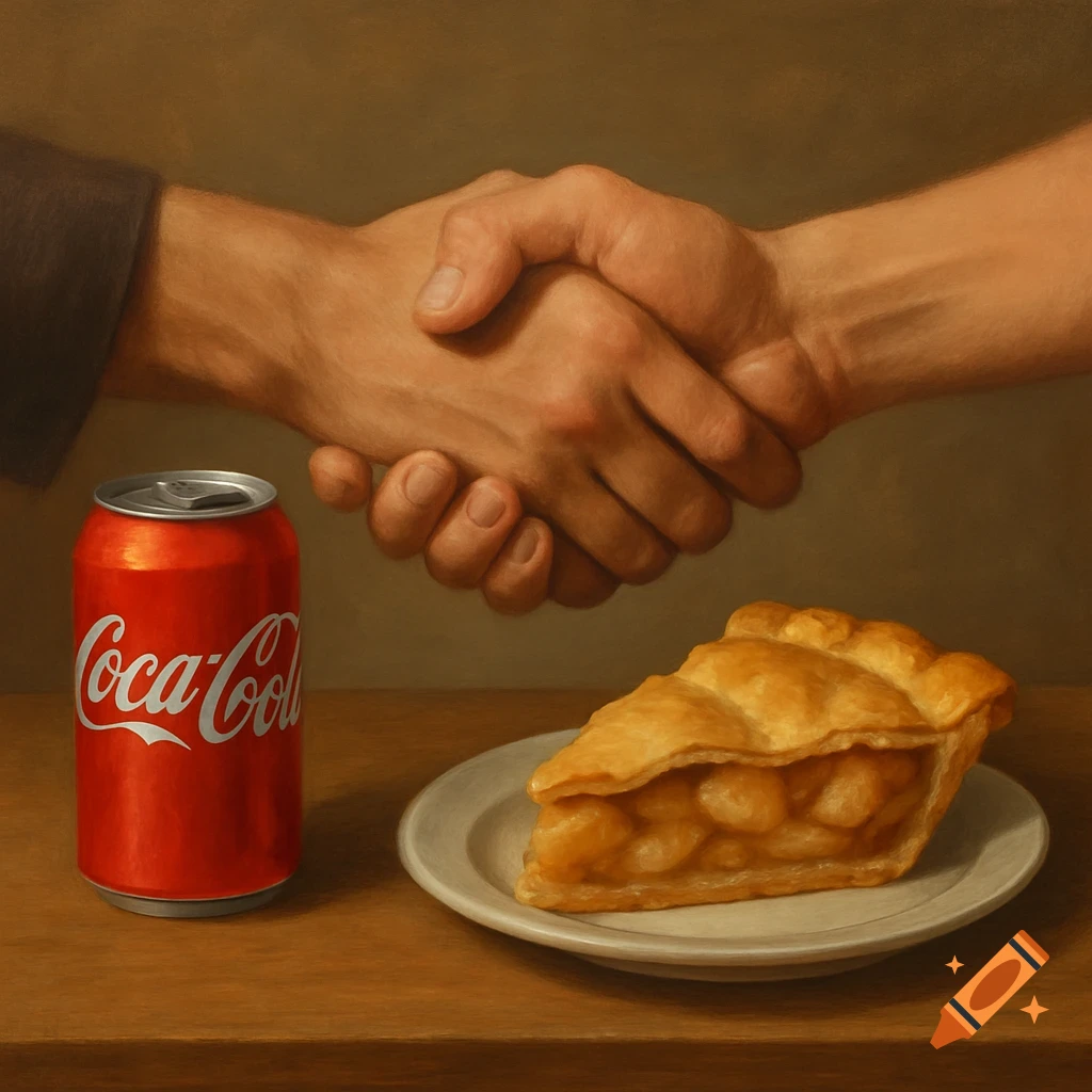 A painting of two hands shaking, a Coca-Cola can, and a slice of apple pie on a table.