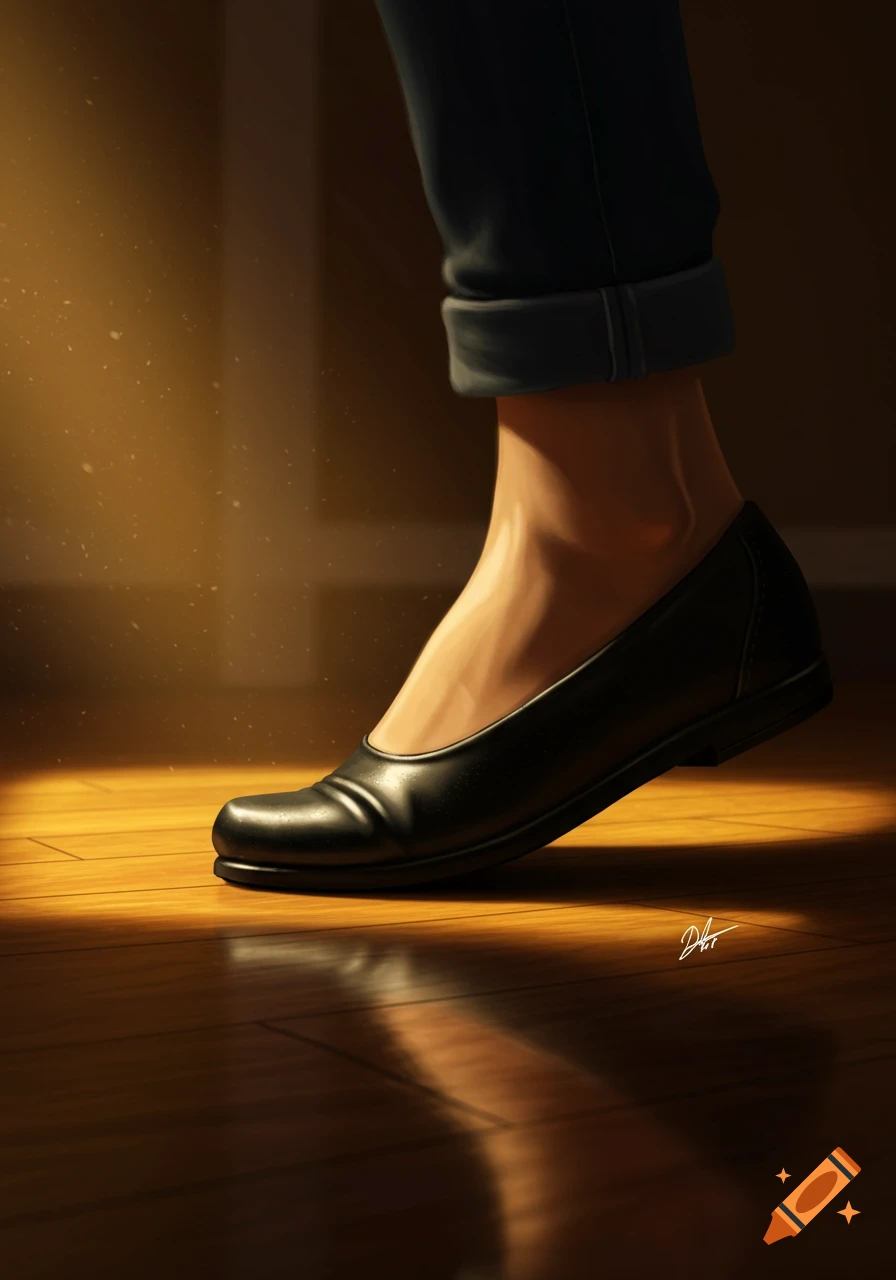 Black flat shoe tapping on a sunlit wooden floor