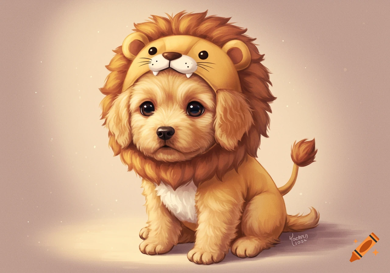 Cute illustration of a golden puppy wearing a lion costume.