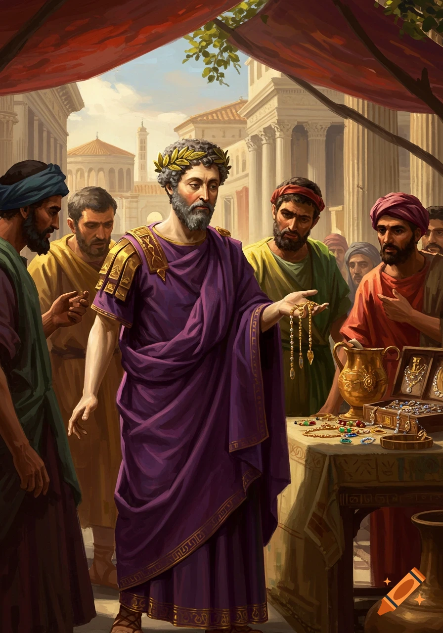 A Roman figure in a purple toga and laurel wreath holding jewelry at a market stall, with other figures watching.