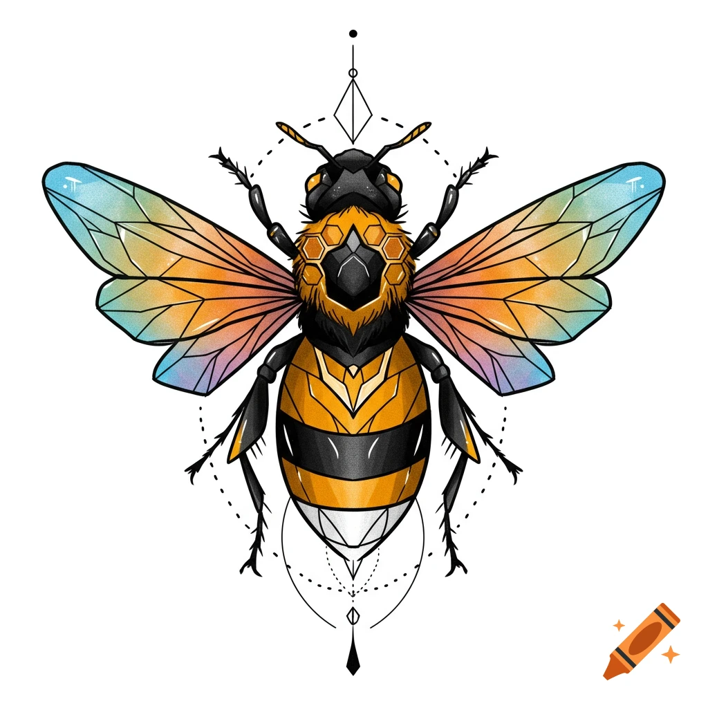 Geometric bee illustration with rainbow wings and geometric background elements.