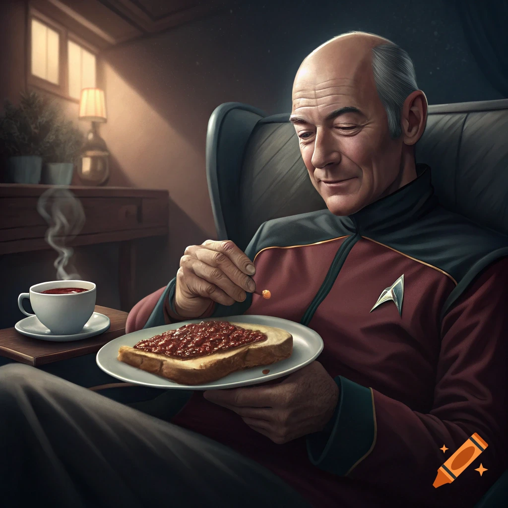 Portrait of Captain Picard eating beans on toast while seated in a chair.