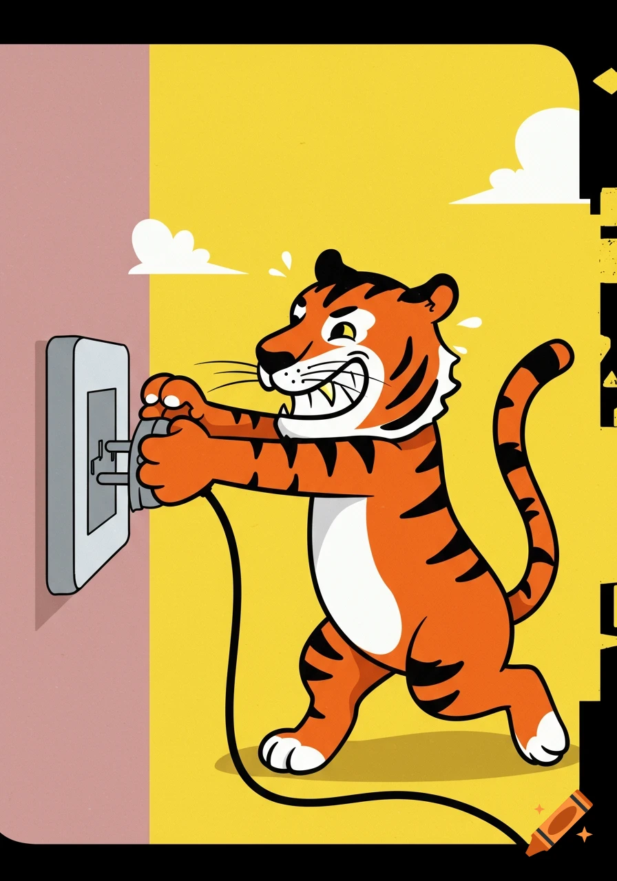 A cartoon tiger pulls a power plug from a wall socket.