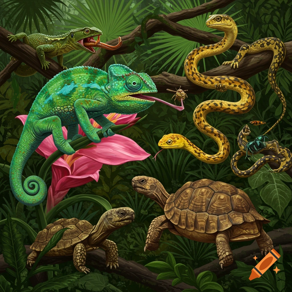 An illustration of various reptiles and insects in a lush jungle.