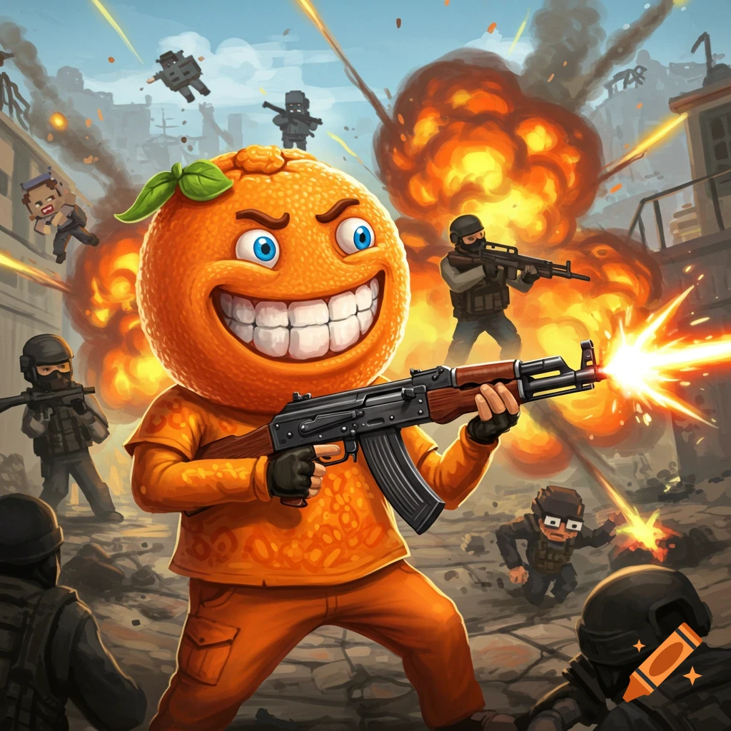 Cartoon Annoying Orange character shooting a rifle in a combat zone with explosions and other figures.
