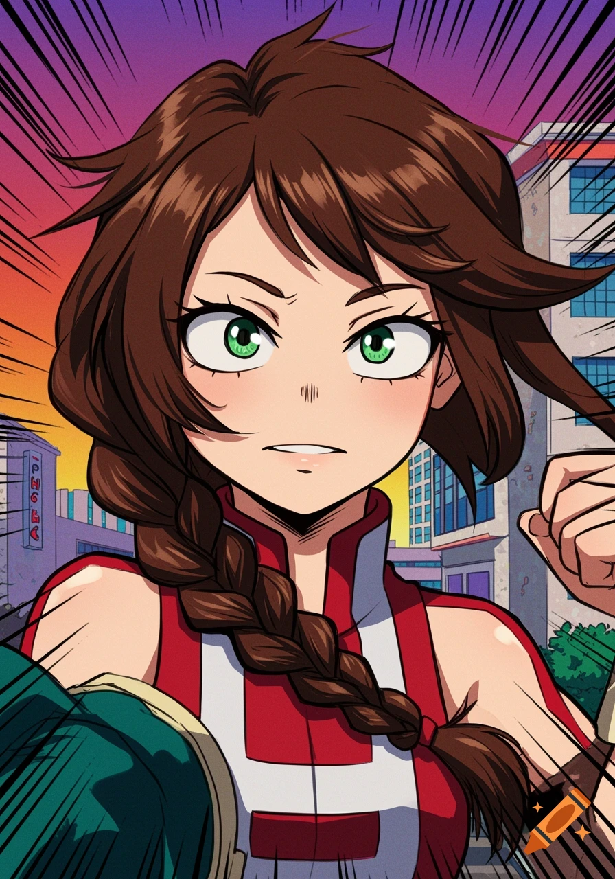 Anime girl with brown hair in a braid and green eyes, wearing a red and white hero uniform.