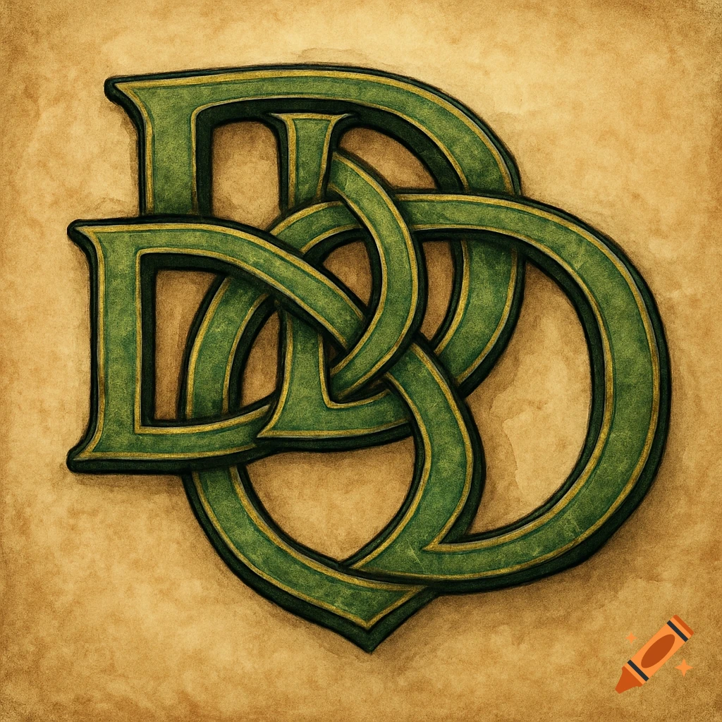A green Celtic knot design made from three letter D shapes on a brown textured background.