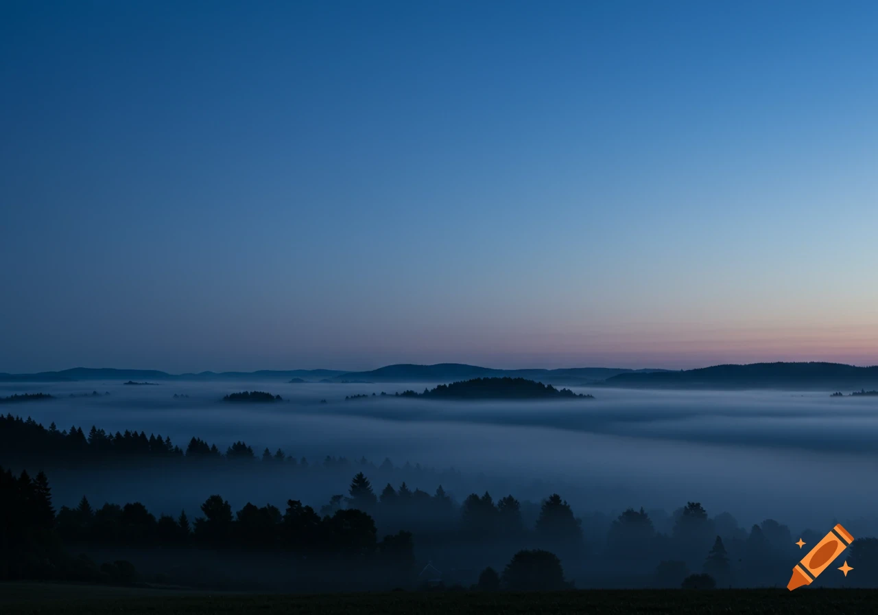 Misty landscape at blue hour with mountains and forest shrouded in fog.