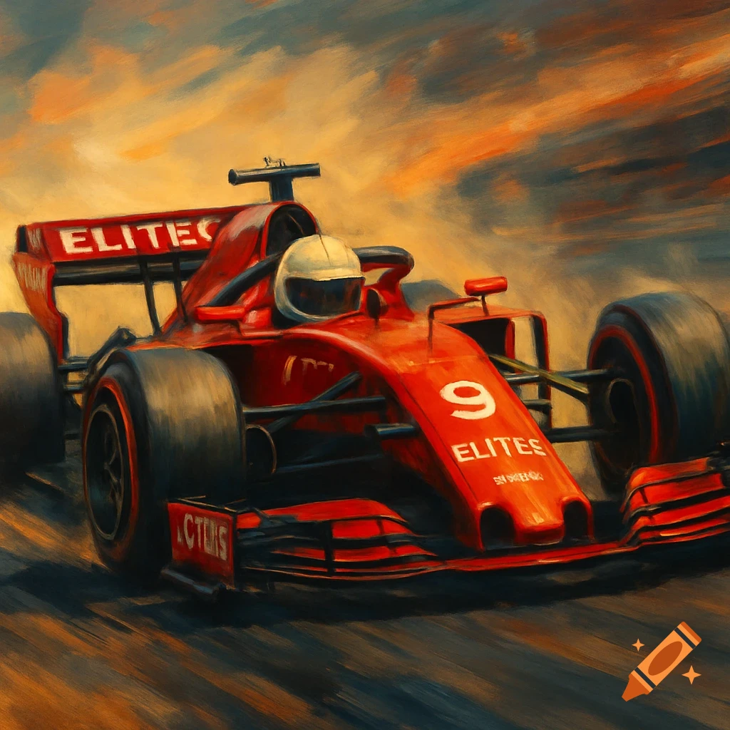Red Formula 1 race car with number 9 on the track, painting style