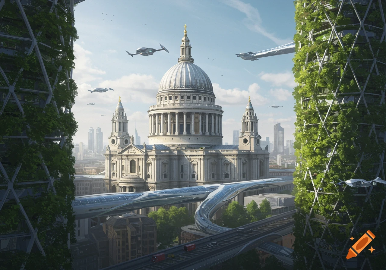 A futuristic cityscape featuring St Paul's Cathedral surrounded by structures covered in greenery and flying vehicles.