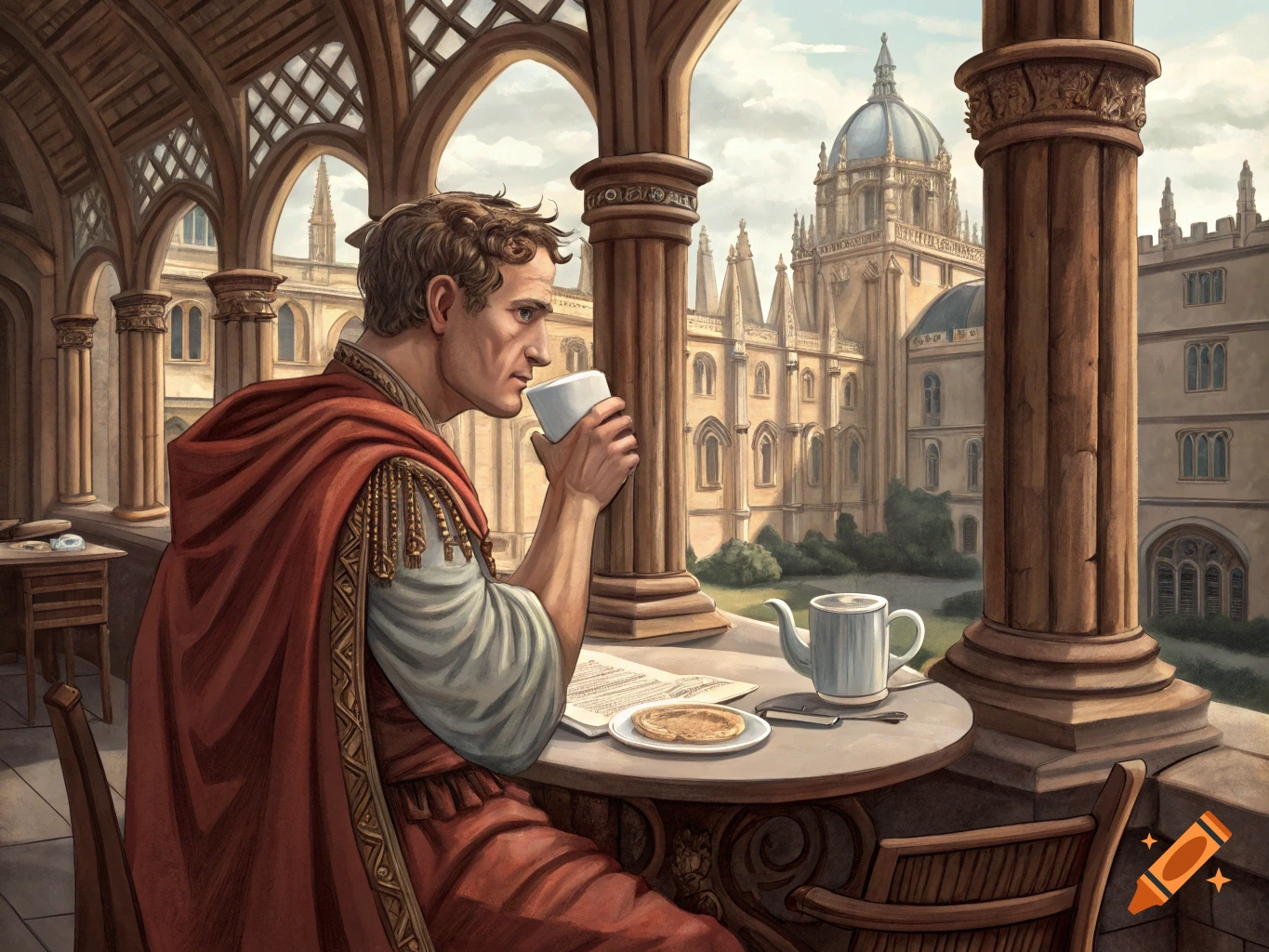 Oil painting of Julius Caesar drinking coffee outside at Oxford University.