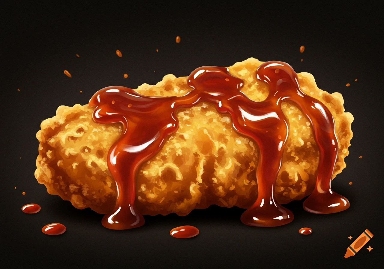 Close-up of a golden-brown chicken nugget covered in shiny BBQ sauce on a dark background.